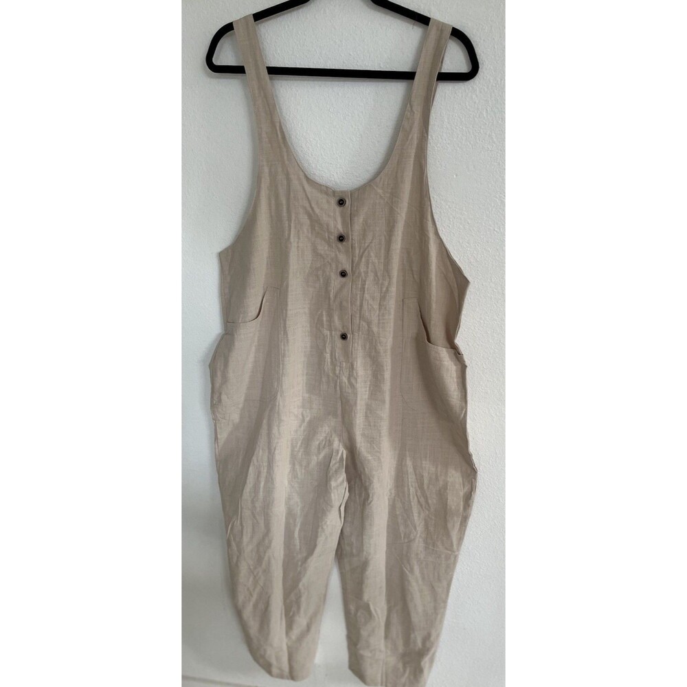 Womens Cotton Linen Blend Jumpsuit Overalls Wide Leg Romper Beige XL Lagenlook